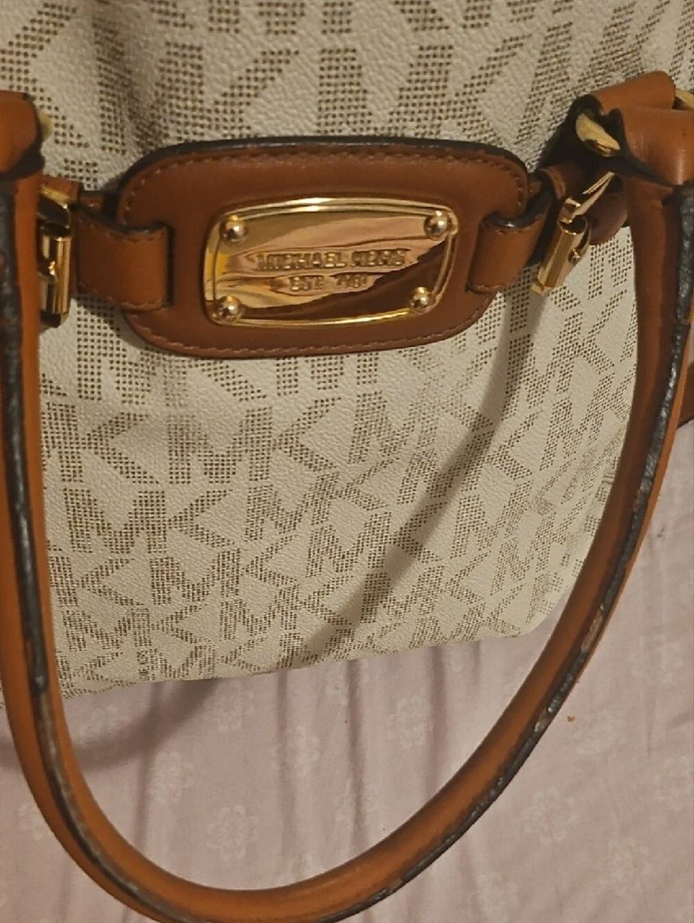 Michael Kors Cream Monogram Tote with Tan Leather Accents